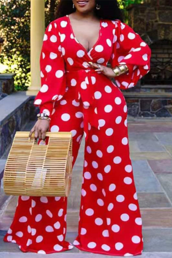 Red Fashion Casual Dot Print Basic V Neck Regular Jumpsuits