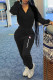 Black Fashion Street Print Draw String Mandarin Collar Jumpsuits