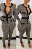 Multicolor Fashion Casual Print Patchwork V Neck Skinny Jumpsuits