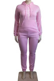 Pink Casual Print Split Joint Pocket Hooded Collar Plus Size Two Pieces