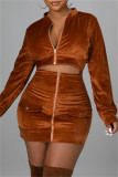 Black Fashion Sexy Solid Patchwork Zipper Collar Long Sleeve Two Pieces