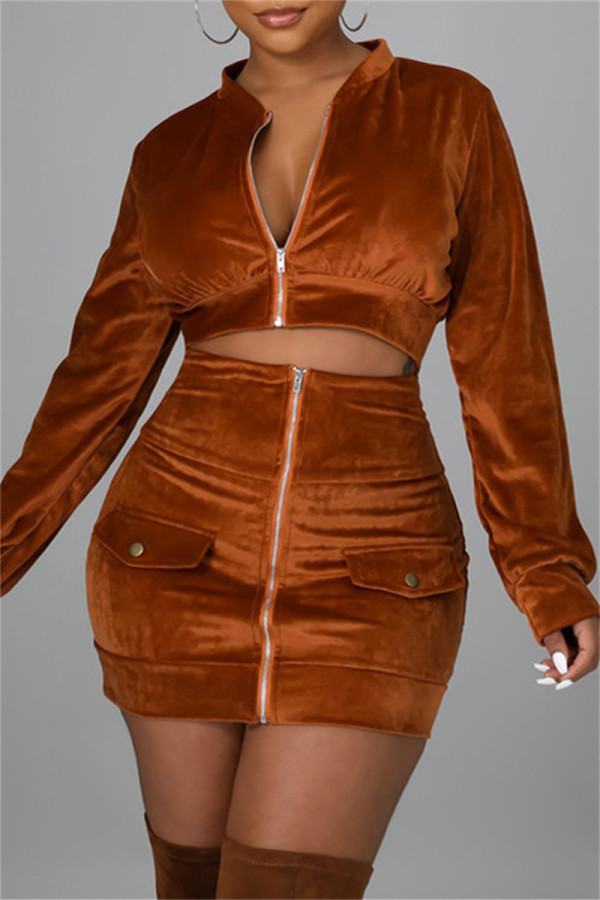 Khaki Fashion Sexy Solid Patchwork Zipper Collar Long Sleeve Two Pieces