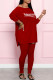 Burgundy Fashion Casual Print Letter O Neck Long Sleeve Two Pieces