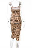 Brownness Fashion Sexy Print Backless Spaghetti Strap Sleeveless Dress