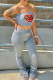 Grey Sexy Lips Printed Patchwork Strapless Sleeveless Two Pieces