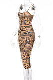 Brownness Fashion Sexy Print Backless Spaghetti Strap Sleeveless Dress