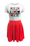 Red Casual Print Make Old Fold O Neck Short Sleeve Two Pieces