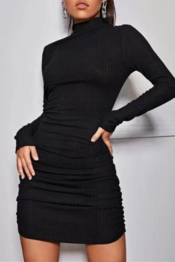 Black Fashion Casual Solid Basic Turtleneck Long Sleeve Dresses