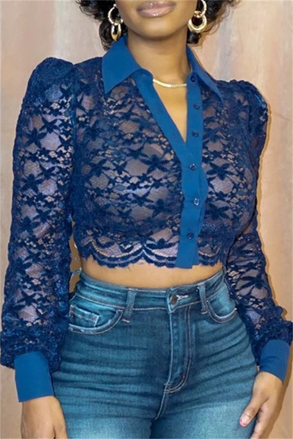 Dark Blue Fashion Sexy Patchwork See-through Turndown Collar Tops
