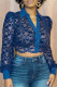 Dark Blue Fashion Sexy Patchwork See-through Turndown Collar Tops
