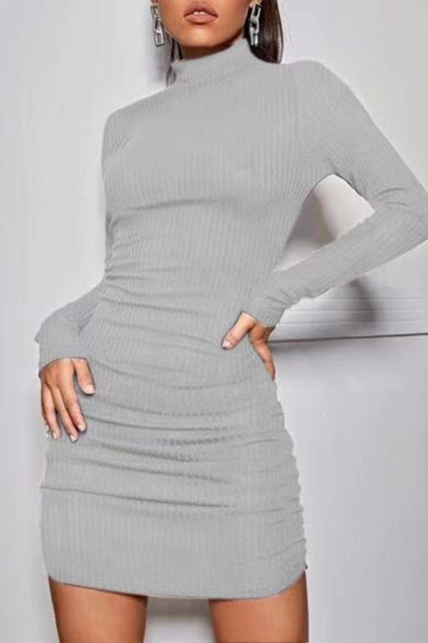 Grey Fashion Casual Solid Basic Turtleneck Long Sleeve Dresses