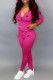 Rose Red Fashion Sportswear Print Patchwork Hooded Collar Long Sleeve Two Pieces