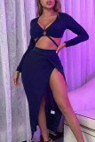 Navy Blue Fashion Sexy Solid Hollowed Out Slit V Neck Long Sleeve Two Pieces