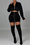 Black Fashion Sexy Solid Patchwork Zipper Collar Long Sleeve Two Pieces