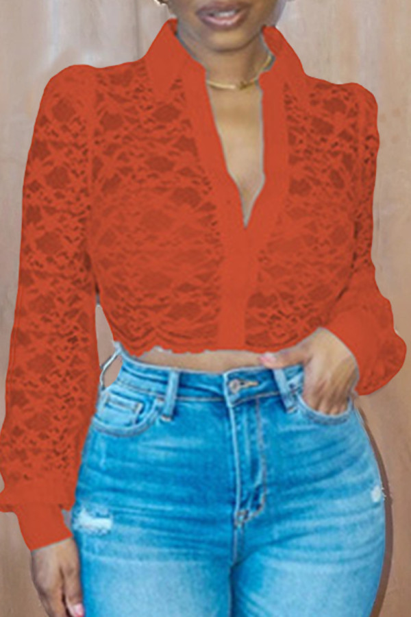 Orange Fashion Sexy Patchwork See-through Turndown Collar Tops