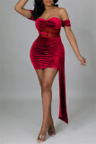 Red Sexy Patchwork Solid See-through Backless Off the Shoulder Short Sleeve Dress