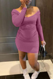 Pink Purple Fashion Sexy Solid Basic V Neck Long Sleeve Dresses