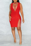 Red Sexy Solid Patchwork See-through O Neck One Step Skirt Dresses