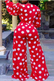 Red Fashion Casual Dot Print Basic V Neck Regular Jumpsuits