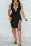 Red Sexy Solid Patchwork See-through O Neck One Step Skirt Dresses