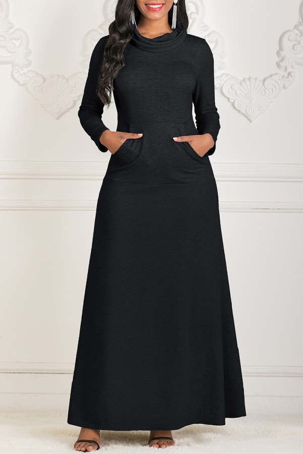 Black Fashion Casual Solid Basic Turtleneck Long Sleeve Dresses