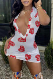 White Fashion Casual Print Basic V Neck Short Sleeve Dress