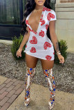 White Fashion Casual Print Basic V Neck Short Sleeve Dress