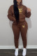 Coffee Fashion Street Print Patchwork Hooded Collar Long Sleeve Two Pieces