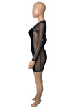 Red Fashion Sexy Patchwork See-through O Neck Long Sleeve Dresses