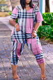 Pink Fashion Casual Print Basic V Neck Loose Jumpsuits