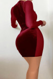 Red Fashion Sexy Patchwork See-through O Neck Long Sleeve Dresses