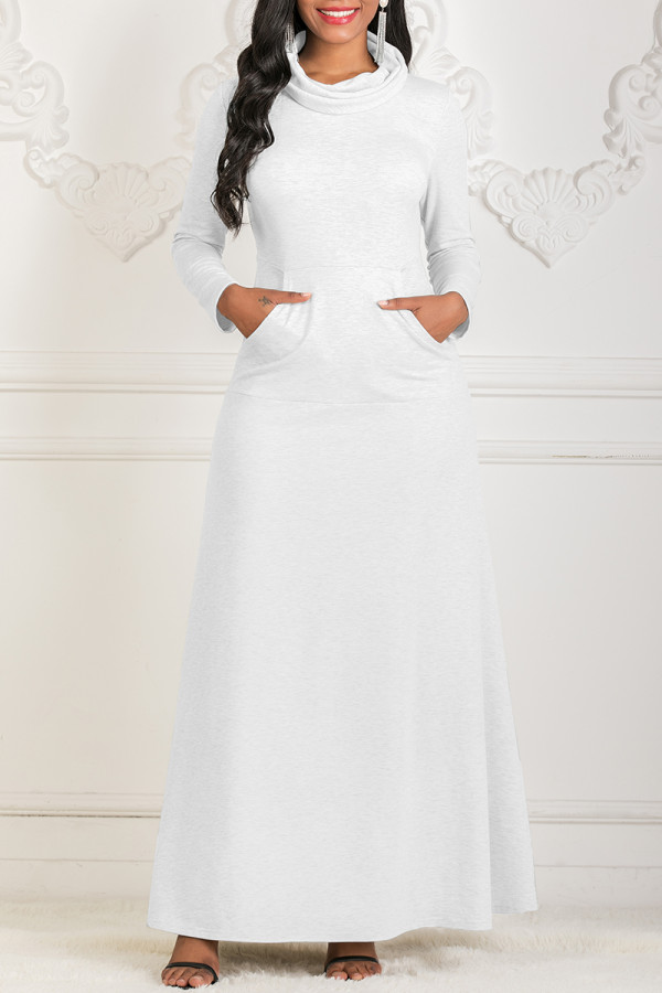 White Fashion Casual Solid Basic Turtleneck Long Sleeve Dresses