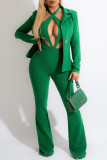 Green Fashion Casual Solid Hollowed Out Patchwork Long Sleeve Two Pieces