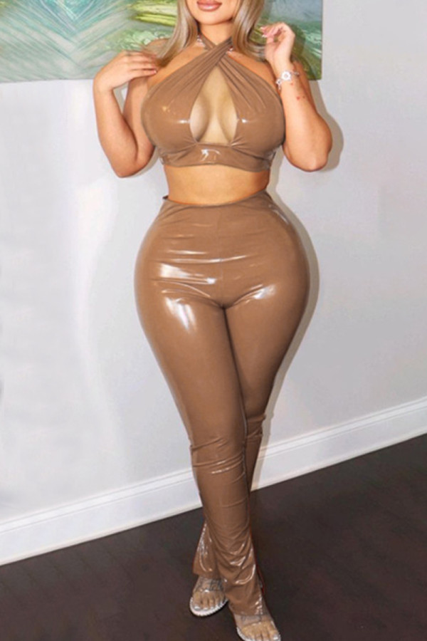 Brown Fashion Sexy Solid Bandage Hollowed Out Backless Halter Sleeveless Two Pieces