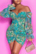 Green Fashion Sexy Print See-through Backless Off the Shoulder Long Sleeve Dresses