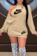 Khaki Fashion Casual Letter Print Patchwork V Neck Long Sleeve Two Pieces