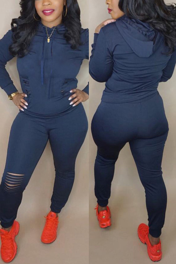 Deep Blue Fashion Casual Solid Ripped Hooded Collar Plus Size Set