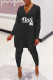 Black Fashion Casual Letter Print Slit V Neck Long Sleeve Two Pieces
