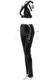 Black Fashion Sexy Solid Bandage Hollowed Out Backless Halter Sleeveless Two Pieces