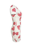 White Fashion Casual Print Basic V Neck Short Sleeve Dress