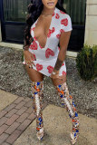White Fashion Casual Print Basic V Neck Short Sleeve Dress