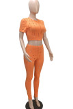 Orange Sexy Solid Ripped Patchwork O Neck Short Sleeve Two Pieces