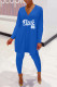 Blue Fashion Casual Letter Print Slit V Neck Long Sleeve Two Pieces