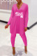 Rose Red Fashion Casual Letter Print Slit V Neck Long Sleeve Two Pieces