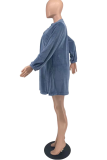 Light Blue Casual Solid Patchwork V Neck Cake Skirt Dresses