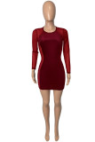 Red Fashion Sexy Patchwork See-through O Neck Long Sleeve Dresses