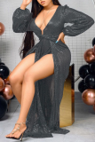 Grey Sexy Solid Patchwork V Neck Irregular Dress Dresses