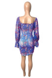 Red Fashion Sexy Print See-through Backless Off the Shoulder Long Sleeve Dresses