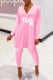 Pink Fashion Casual Letter Print Slit V Neck Long Sleeve Two Pieces