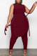 Burgundy Fashion Casual Solid Bandage O Neck Plus Size Two Pieces